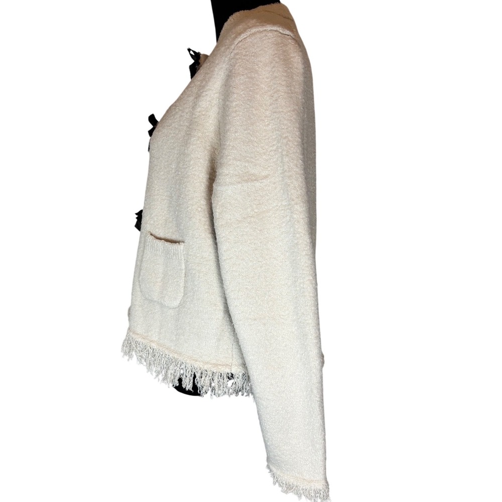 Zara Cardigan Women XL Cream Black Velvet Bows Fringe Trim Textured Knit Jacket - Picture 3 of 7